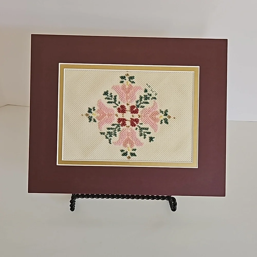 Hand Crafted Glass Beaded Art Floral Needlepoint Beadwork Pink Flower Framed